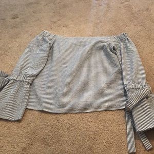 Aqua Blue and white striped off the shoulder to the waist bell sleeved blouse XS